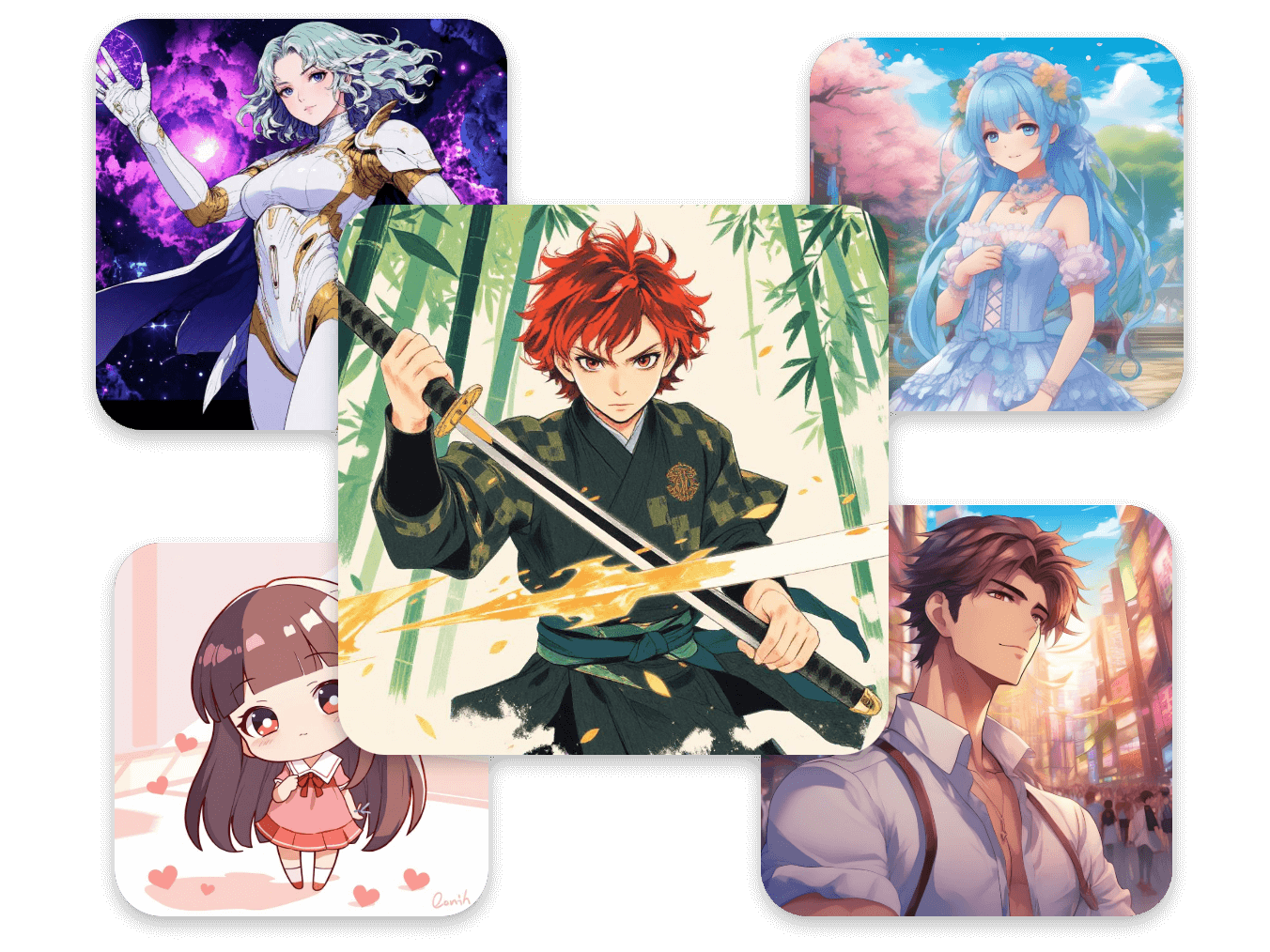 Showcase five anime art images including a purple universe goddness a blue long hair girl a warrior in the forest a pink 3d cute baby girl and a strong man with white t shirt